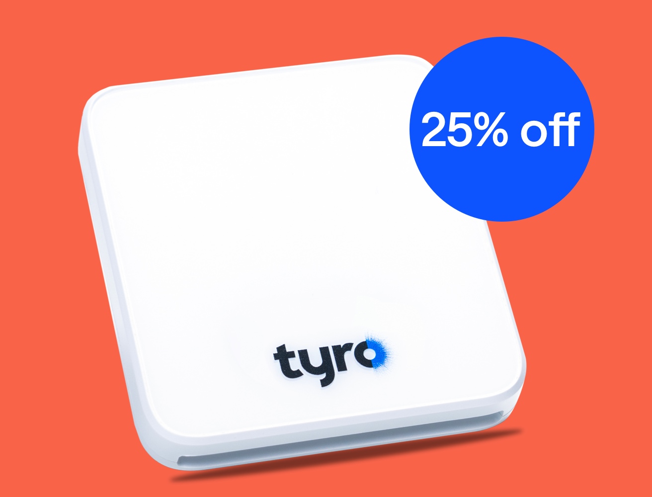 Front view of Tyro Go EFTPOS Reader with Tyro branding on top and a blue circular badge advertising a 25% discount.